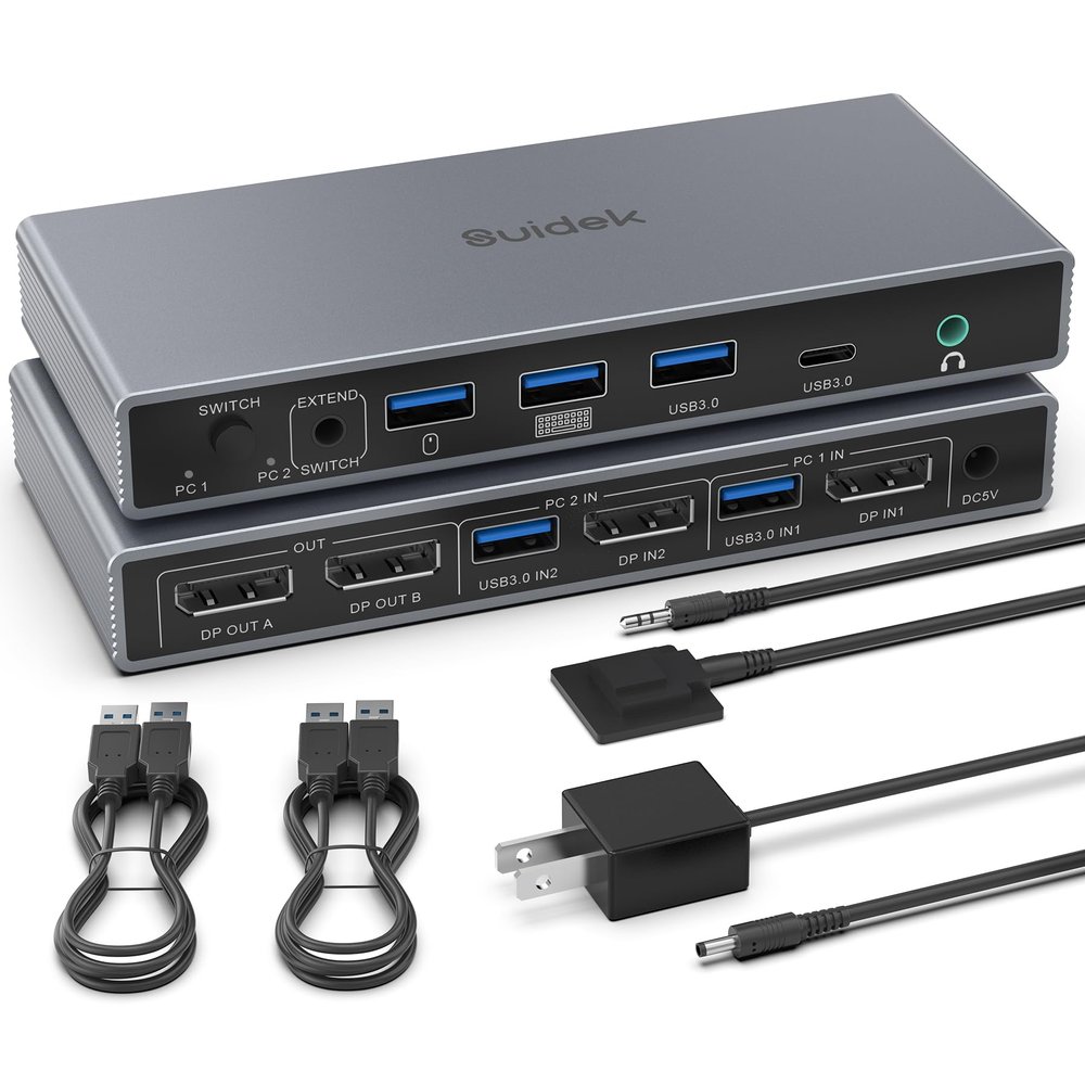 SUIDEK Displayport KVM Switch 2 Monitors 2 Computers 4K@60Hz, KVM Switcher with 4 USB 3.0 for 2 Computers Sharing Dual Monitors Keyboard Mouse Printer, with 2 USB Cable, Controller and Adapter