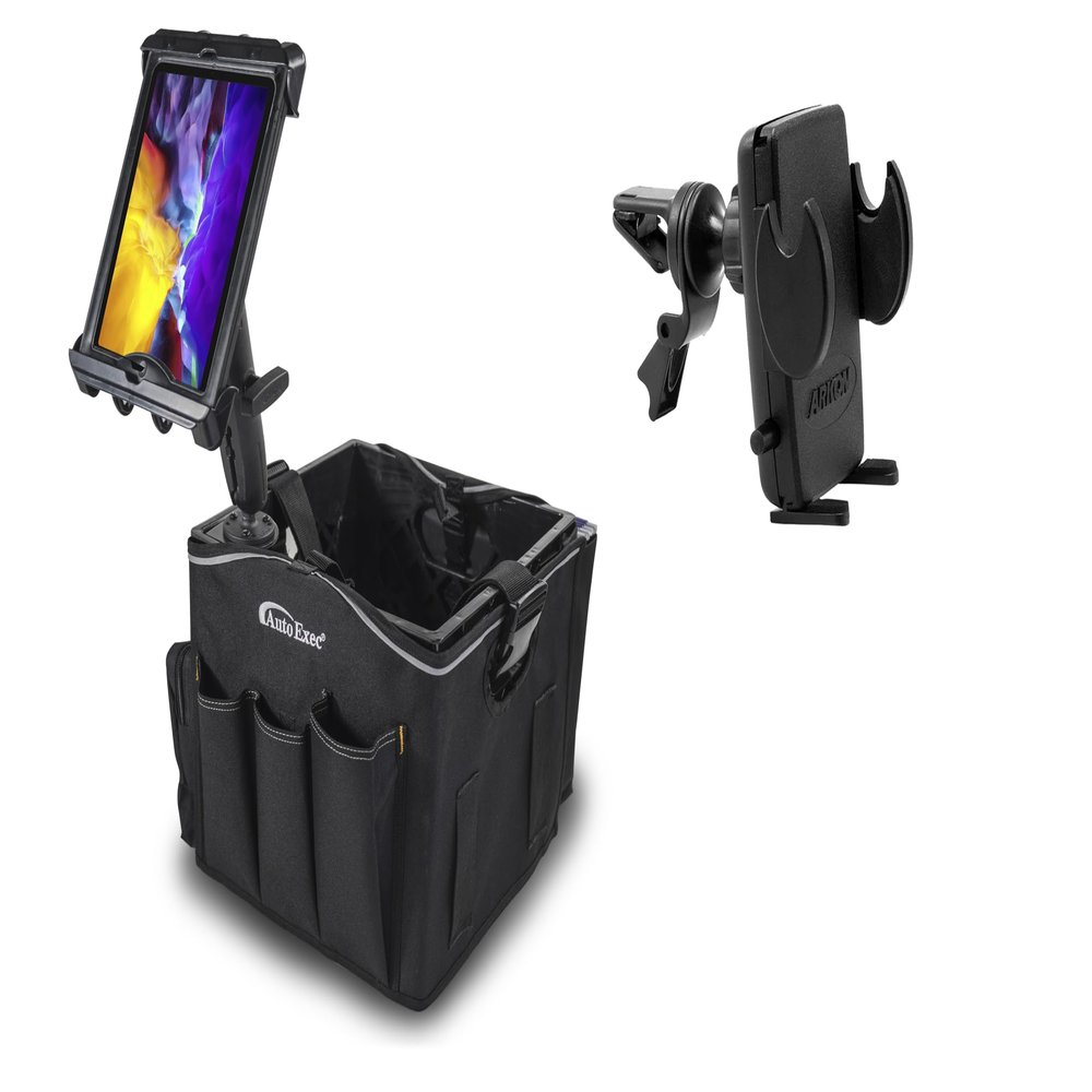 AutoExec Milkcrate Vehicle and Mobile Office Work Station with Apron Organizer, Tablet Mount and Phone Vent Clip