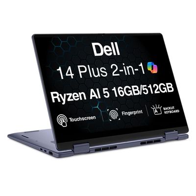 Dell 14 Plus AI Powered 2-in-1 Laptop 14.0" Touchscreen IPS WUXGA Display (AMD Ryzen AI 5 340, 16GB LPDDR5X, 512GB SSD, Backlit KB, Fingerprint, WiFi 7, Webcam, Win 11 Home)