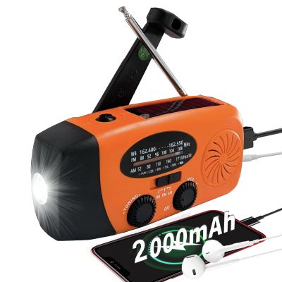 Emergency Weather Radio, 2000mAh Solar Hand Crank Portable AM/FM NOAA Radio, 3 Modes LED Flashlight, SOS Alarm for Camping & Home Emergencies (Orange)