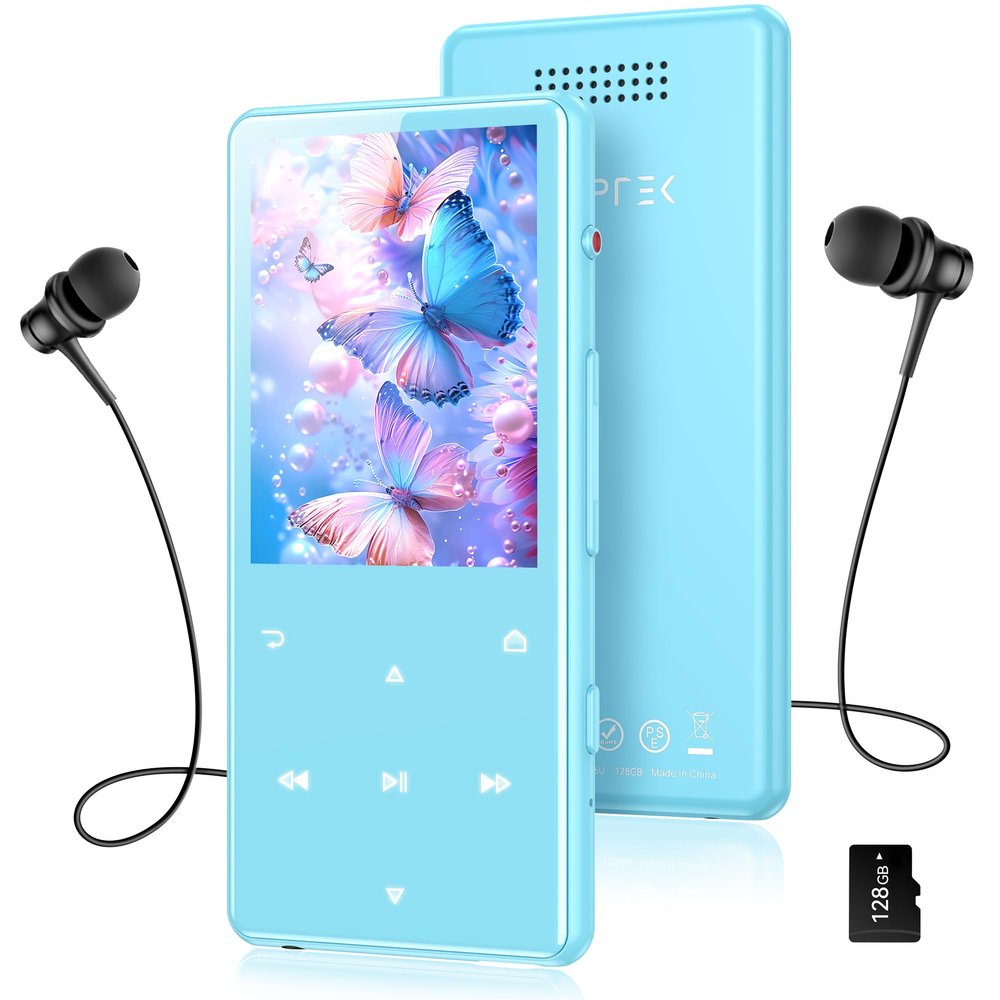 AGPTEK 128GB MP3 Player with Bluetooth 5.4, M6 2.4 inch Music Player with One-Click Recording, Built in Speaker and FM Radio, Touch Buttons(Blue)