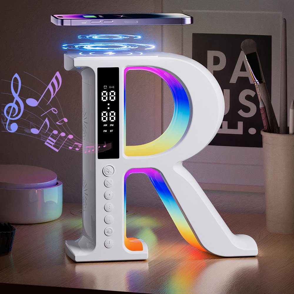 5-in-1 Bluetooth Speaker with 10W Wireless Charger, RGB Night Light, LED Display Screen, White Noise Soother for Bedroom, Nursery, Desktop Home Office (White R, 0)