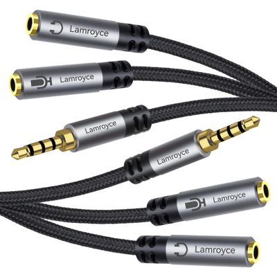 1/8inch Aux Headphone Splitter Cable 1Feet, 3.5mm TRRS 1 Male to 2 Dual TRS Female (Microphone and Audio) Y Adapter, Headphone and Mic Separator for Gaming Headset to PC, Laptop, Smartphone, PS4-2Pack