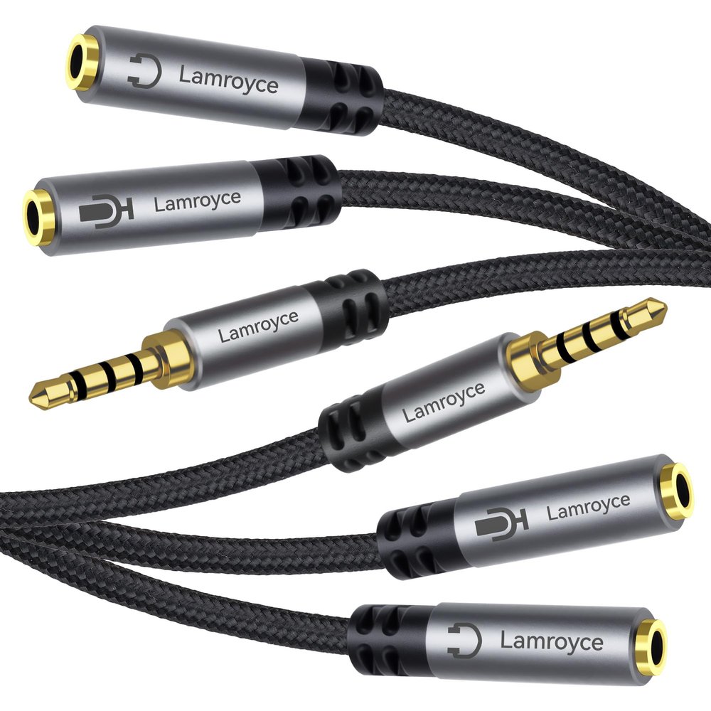 1/8inch Aux Headphone Splitter Cable 1Feet, 3.5mm TRRS 1 Male to 2 Dual TRS Female (Microphone and Audio) Y Adapter, Headphone and Mic Separator for Gaming Headset to PC, Laptop, Smartphone, PS4-2Pack