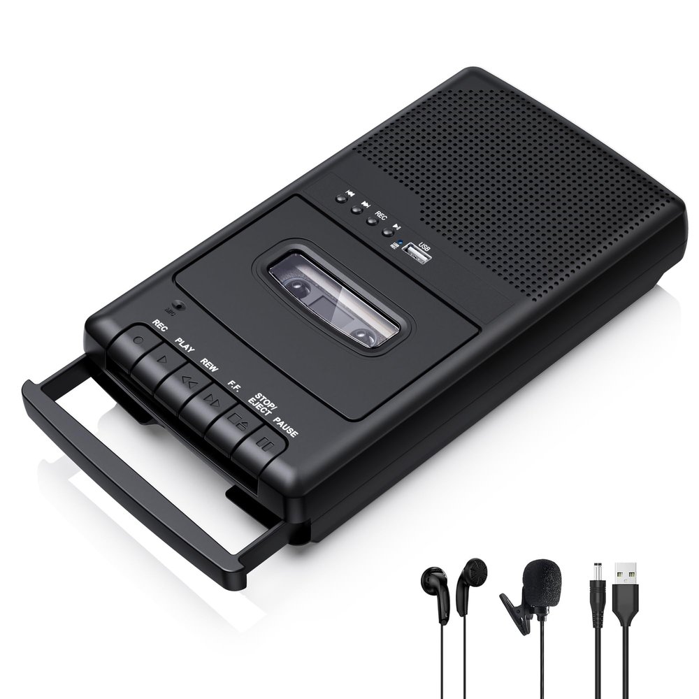 Portable Tape USB Player with Stand-Alone Mic, Cassette Players Recorder, Cassettes Tape Digital Converter to USB Flash Disk, Built-in Speaker, Retractable Handle, One-Touch Recording