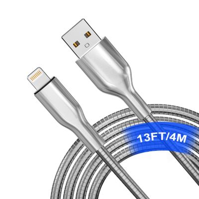 13Ft Metal Lightning Cable Chew Proof iPhone Charger Cord - MFi Heavy Duty Metal Braided Cable Dog Cat Proof Cord with 3A Fast Charging, Data Sync, Carplay for iPhone 14 13 12 11 XS XR 8 7, Silver