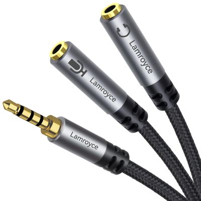 1/8inch Aux Headphone Splitter Cable 1Feet, 3.5mm TRRS 1 Male to 2 Dual TRS Female (Microphone and Audio) Y Adapter, Headphone and Mic Separator for Gaming Headset to PC, Laptop, Smartphone, PS4, Xbox