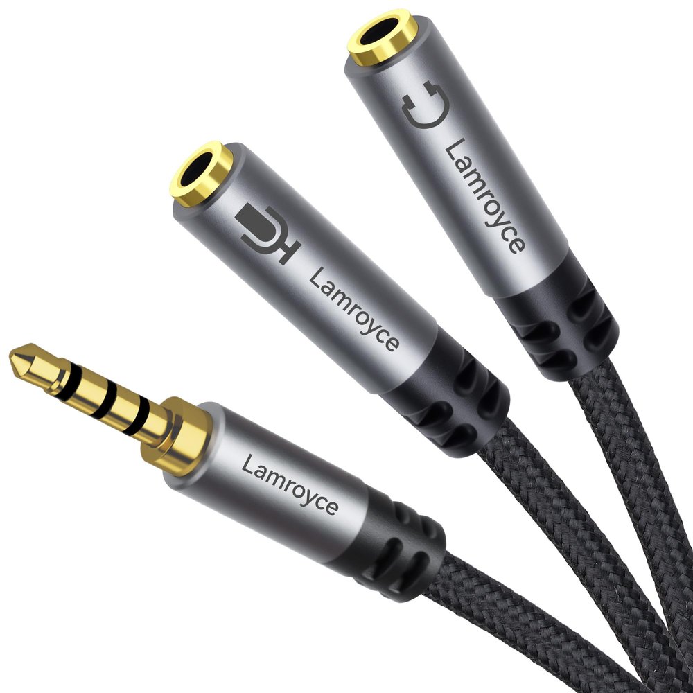 1/8inch Aux Headphone Splitter Cable 1Feet, 3.5mm TRRS 1 Male to 2 Dual TRS Female (Microphone and Audio) Y Adapter, Headphone and Mic Separator for Gaming Headset to PC, Laptop, Smartphone, PS4, Xbox
