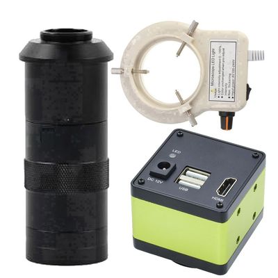 2025 New 60FPS Industrial HDMI USB Microscope Camera & 100X C-Mount Lens with 56-LED Adjustable Ring Light