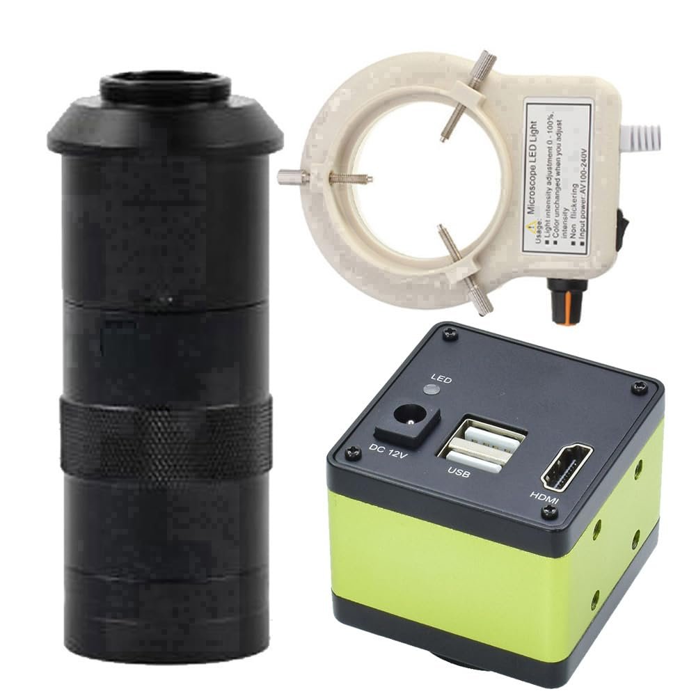2025 New 60FPS Industrial HDMI USB Microscope Camera & 100X C-Mount Lens with 56-LED Adjustable Ring Light