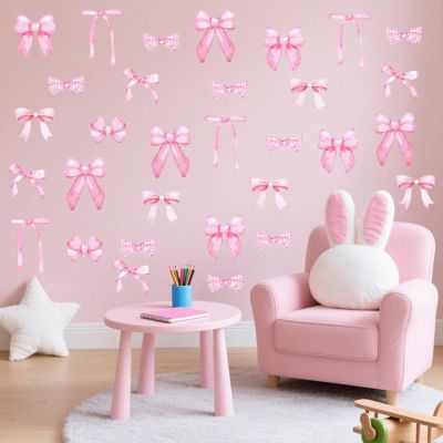 56Pcs Trendy Pink Bow Wall Stickers Bow Decor for Girls Room Bow Stickers Bows Room Decor Bows Peel and Stick Wallpaper Light Pink Wall Decors Vinyl Rooms Decors for Christmas Decor Bedroom Nursery