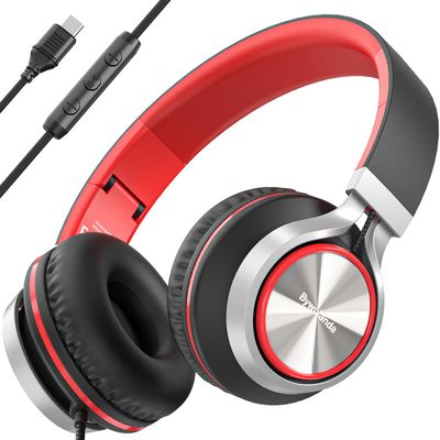 Bywulanda USB C Headphones with Mic and Volume Control, Over Ear Stereo Headsets for iPhone 15 16 Pro, Wired Foldable Headphones for Smartphones Chromebook Laptop Tablets Travel(Red)