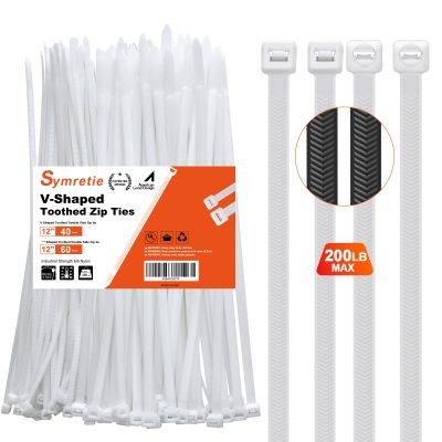 Symretie 12"-shaped & V-shaped double-sided tooth zip ties white. : 100lbs, V: 200lbs tensile strength. Heavy-duty, self-locking, adjustable, durable nylon ties for indoor/outdoor use. (40V+60)