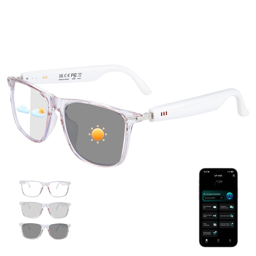 AI Smart Glasses, Bluetooth 6.0 Real-Time Translation Glasses for Men Women, 160+ Languages AI Translator, Open-Ear Bluetooth Glasses with Speakers, Color-Changing Lenses for Business Travel  Pink