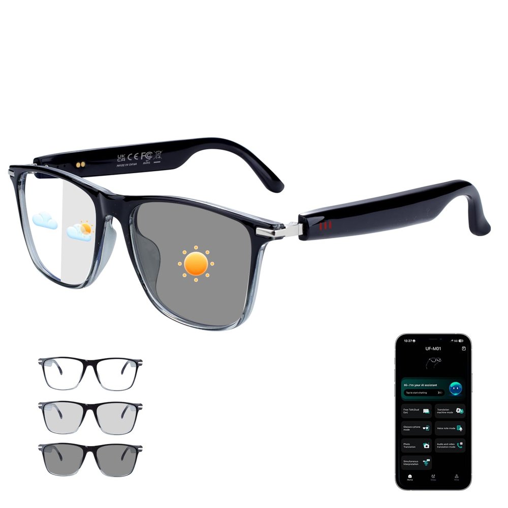 AI Smart Glasses, Bluetooth 6.0 Real-Time Translation Glasses for Men Women, 160+ Languages AI Translator, Open-Ear Bluetooth Glasses with Speakers, Color-Changing Lenses for Business Travel  Grey