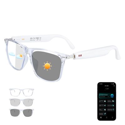 AI Smart Glasses, Bluetooth 6.0 Real-Time Translation Glasses for Men Women, 160+ Languages AI Translator, Open-Ear Bluetooth Glasses with Speakers, Color-Changing Lenses for Business Travel White