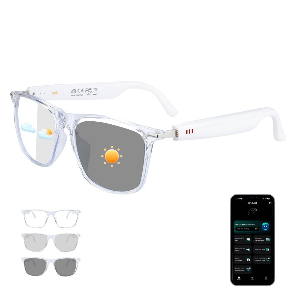 AI Smart Glasses, Bluetooth 6.0 Real-Time Translation Glasses for Men Women, 160+ Languages AI Translator, Open-Ear Bluetooth Glasses with Speakers, Color-Changing Lenses for Business Travel  White
