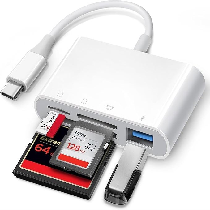 4-in-1 USB-C Card Reader, Multi-Port Adapter with CF, SD, MicroSD Support, Compatible with iPhone 15, iPad, MacBook Pro, Air, Mini
