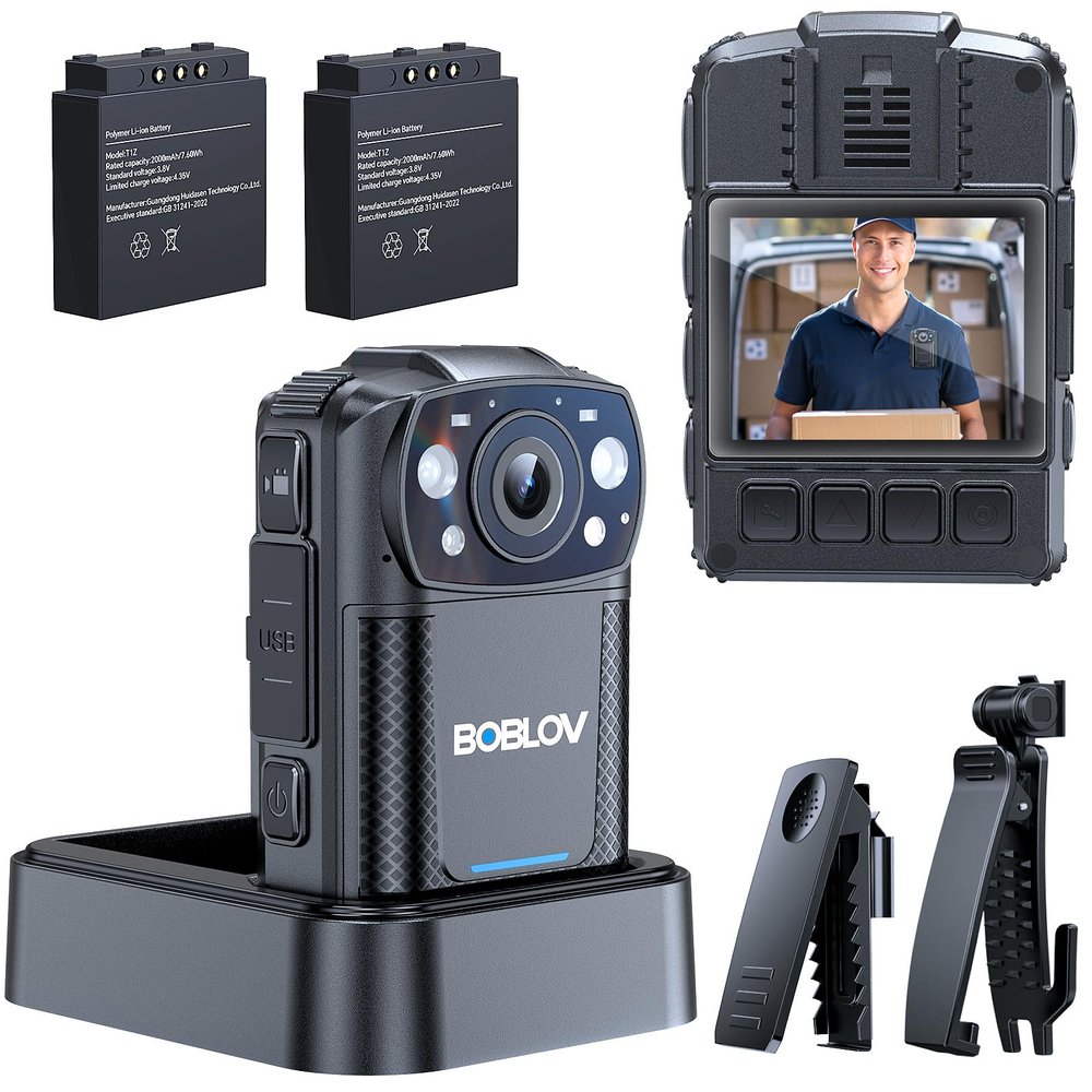 BOBLOV KJ26 2K Body Camera with Dual 2000mAh Batteries & Charging Base, 8H Continuous Recording, Night Vision, and 360 Rotatable Clips for Law Enforcement, Security & Outdoor Use (128GB)