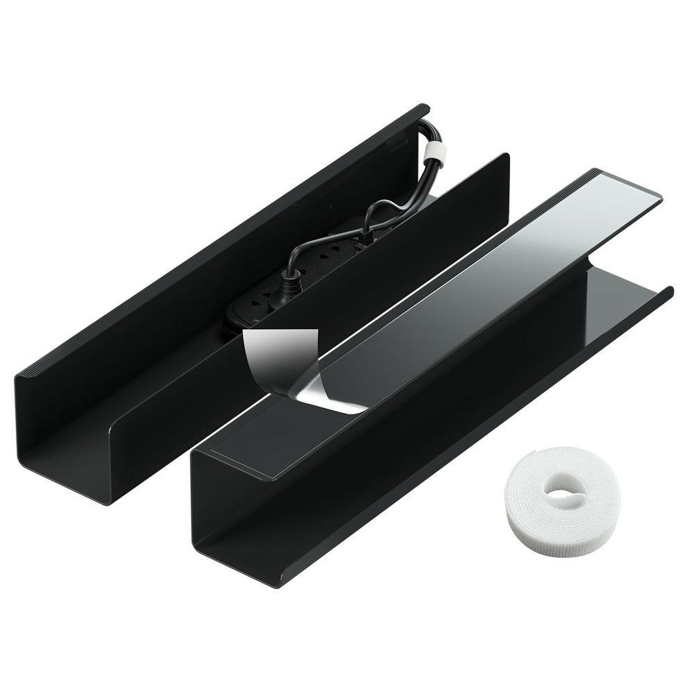2 Pack No-Screw Cable Management Under Desk, Self-Adhesive Cord Organizer, Wire Management Tray for Office and Home (Black)