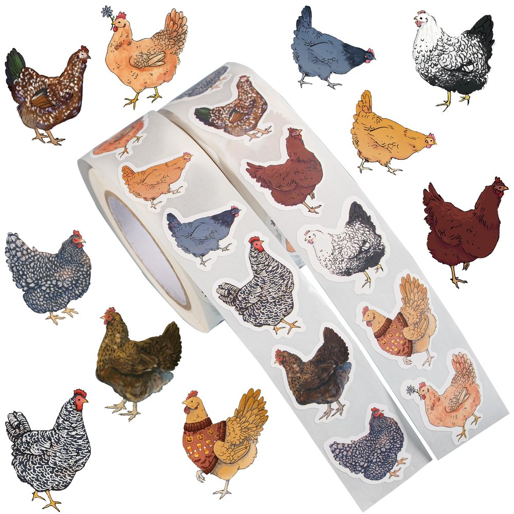 1000PCS Chicken Stickers Roll, 2 Rolls 10 Styles Cute Hen and Farm Stickers, Waterproof Vinyl Decals for Water Bottles Laptops Scrapbooking Party Favors Classroom Rewards