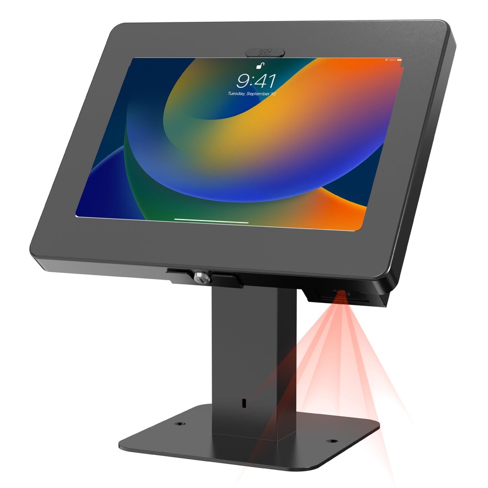 CTA Digital Sleek Rotating POS Desk Mount with Security Enclosure and Barcode Scanner for iPad 10th Gen A16, iPad Air 11" M3 & M2, Pro 11", Galaxy Tab A7 & More - Black (PAD-RSDMP2D)