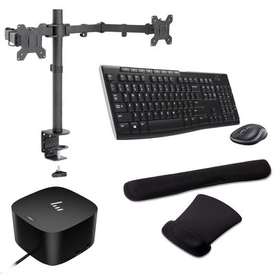 HP Thunderbolt G4 Dock 280W, 4K Support w/Combo Cable, DisplayPort and USB Hub Bundled with Desk Mount Dual Monitor Stand, MK270 Wireless Keyboard/Mouse Set and Gel Pads