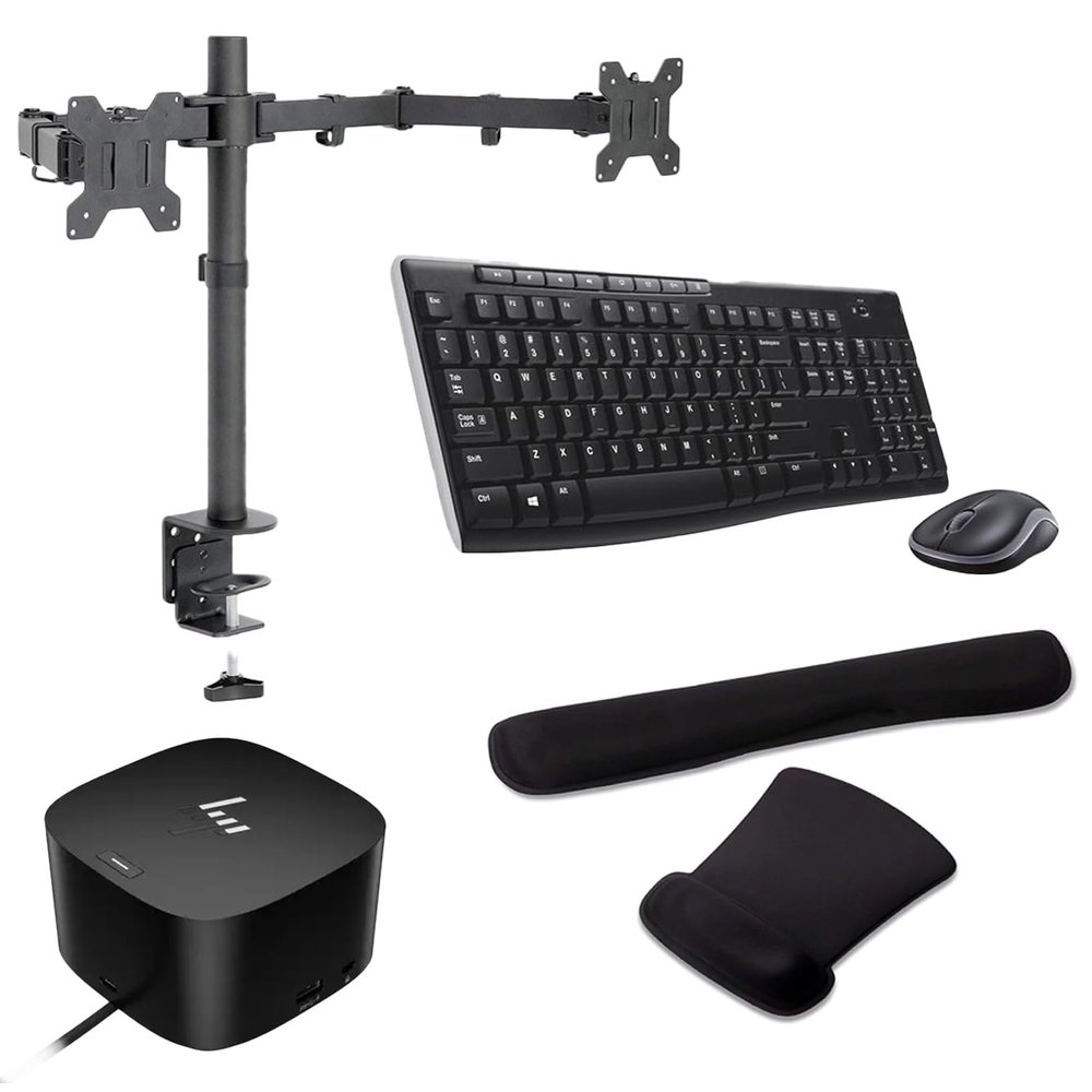 HP Thunderbolt G4 Dock 280W, 4K Support w/Combo Cable, DisplayPort and USB Hub Bundled with Desk Mount Dual Monitor Stand, MK270 Wireless Keyboard/Mouse Set and Gel Pads
