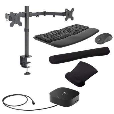 HP G5 Mulitport Dock 100W, Three 4K Displays Supported for Business, DisplayPort and USB Hub Bundled with Desk Mount Dual Monitor Stand, MK670 Wireless Keyboard/Mouse Set and Gel Pads