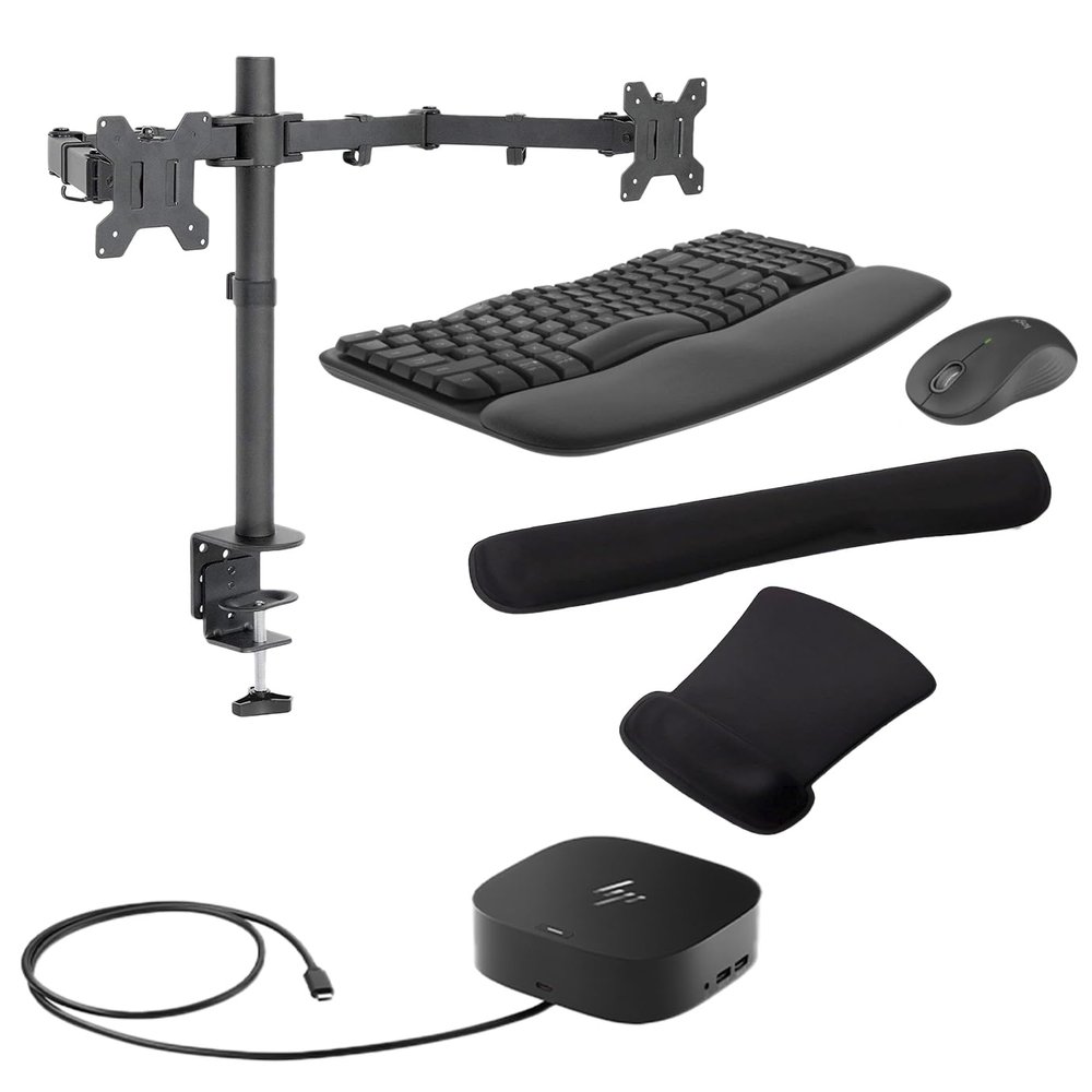 HP G5 Mulitport Dock 100W, Three 4K Displays Supported for Business, DisplayPort and USB Hub Bundled with Desk Mount Dual Monitor Stand, MK670 Wireless Keyboard/Mouse Set and Gel Pads