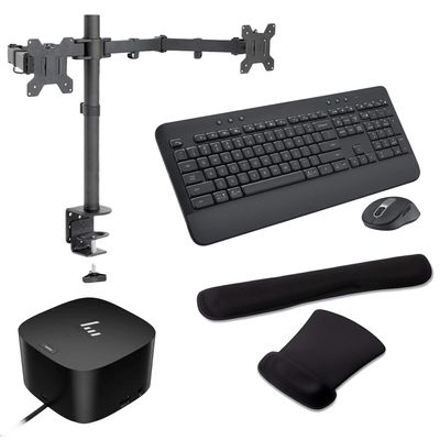 HP Thunderbolt G4 Dock 280W, 4K Support w/Combo Cable, DisplayPort and USB Hub Bundled with Desk Mount Dual Monitor Stand, MK650 Wireless Keyboard/Mouse Set and Gel Pads
