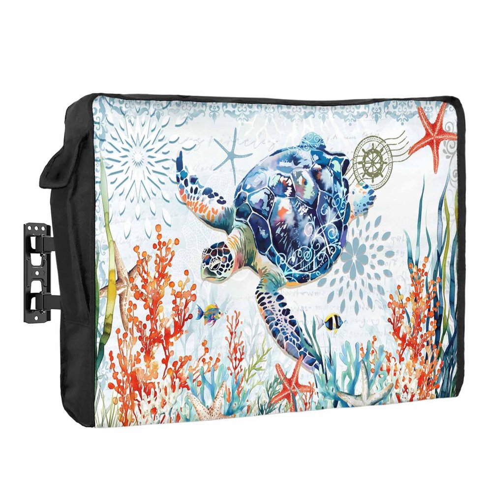 Outdoor TV Cover 60 to 65 Inch Weatherproof, Sea Turtle Coastal Waterproof Outdoor TV Enclosure with Side Pocket, Summer Beach Coral Ocean Nautical Television Protector Cover