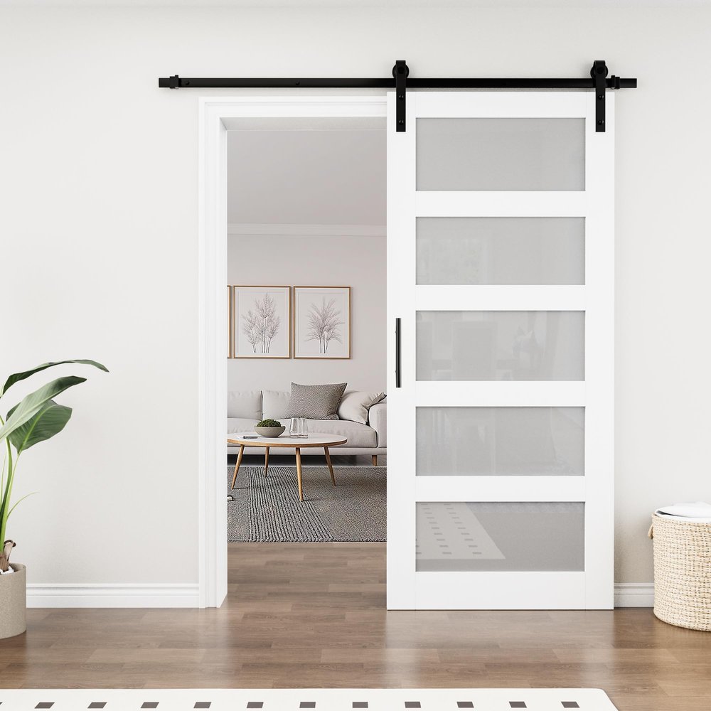 36" W x 84''H White Wood Glass Paneled Sliding Barn Door with Installation Hardware Kit