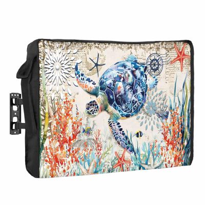 Outdoor TV Cover 70 to 75 Inch Weatherproof, Coastal Sea Turtle Waterproof Outdoor TV Enclosure with Side Pocket, Rustic Vintage Nautical Starfish Coral Television Protector Cover