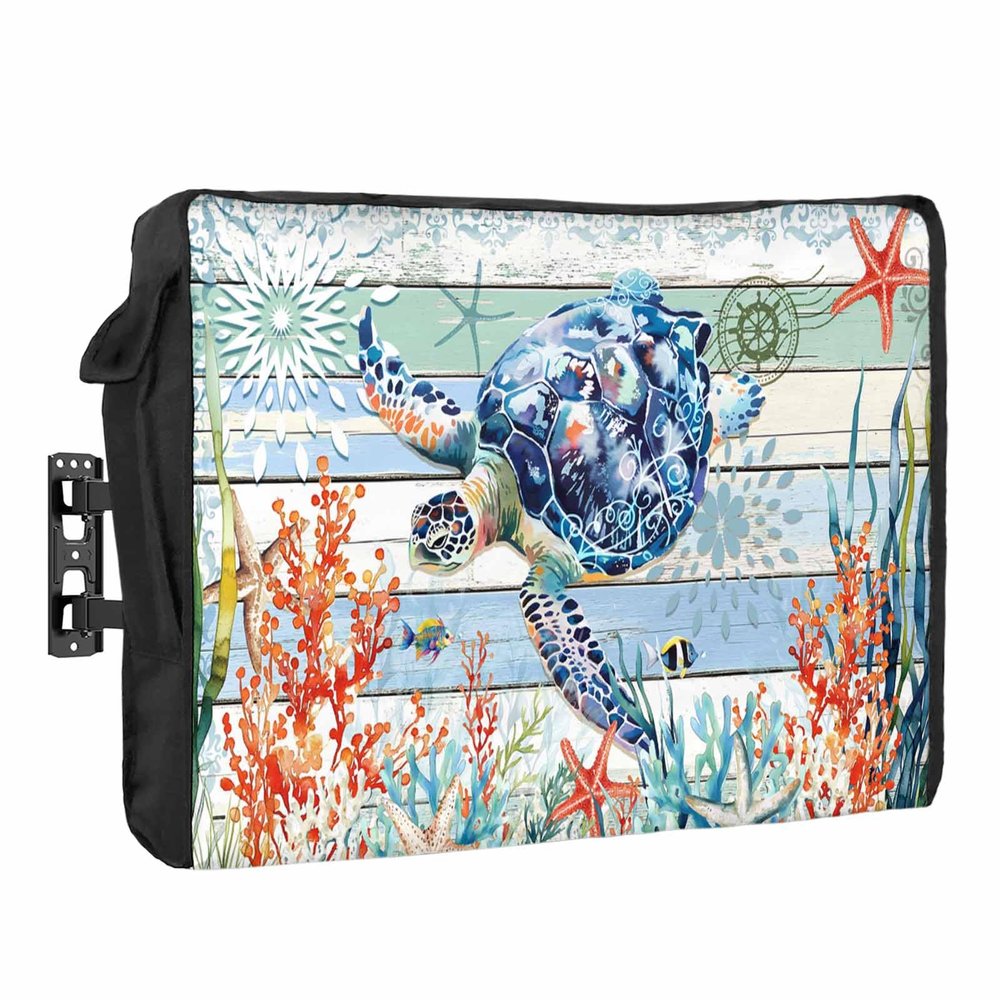 Outdoor TV Cover 40 to 43 Inch Weatherproof, Sea Turtle Ocean Waterproof Outdoor TV Enclosure with Side Pocket, Summer Beach Coastal Coral Wooden Television Protector Cover