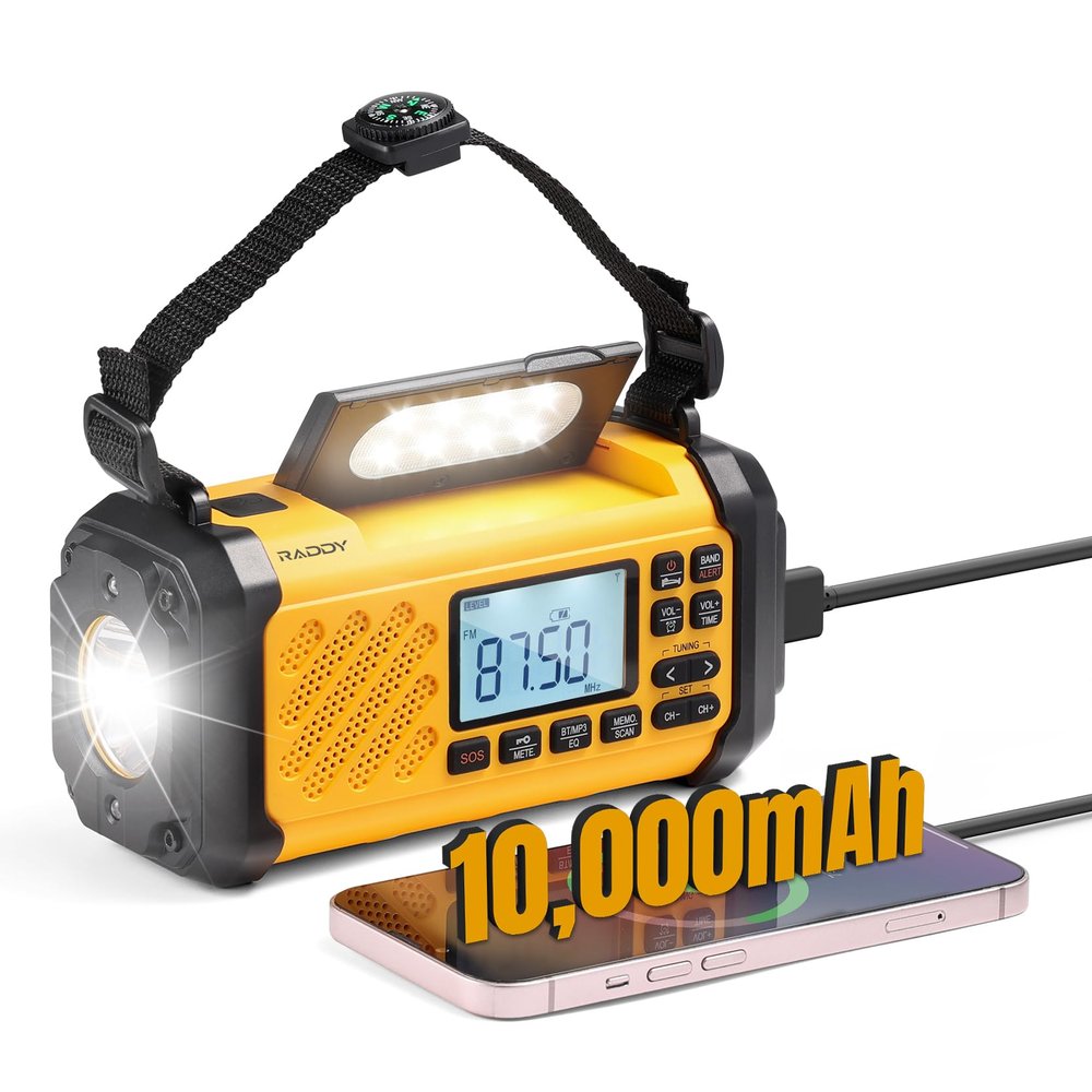 Raddy SH-906 Emergency Radio, 10000mAh NOAA Weather Alert Hand Crank Solar AM/FM/SW/VHF Radio with Flashlight, Reading Lamp, SOS, Compass, Cell Phone Charger for Survival Outdoor