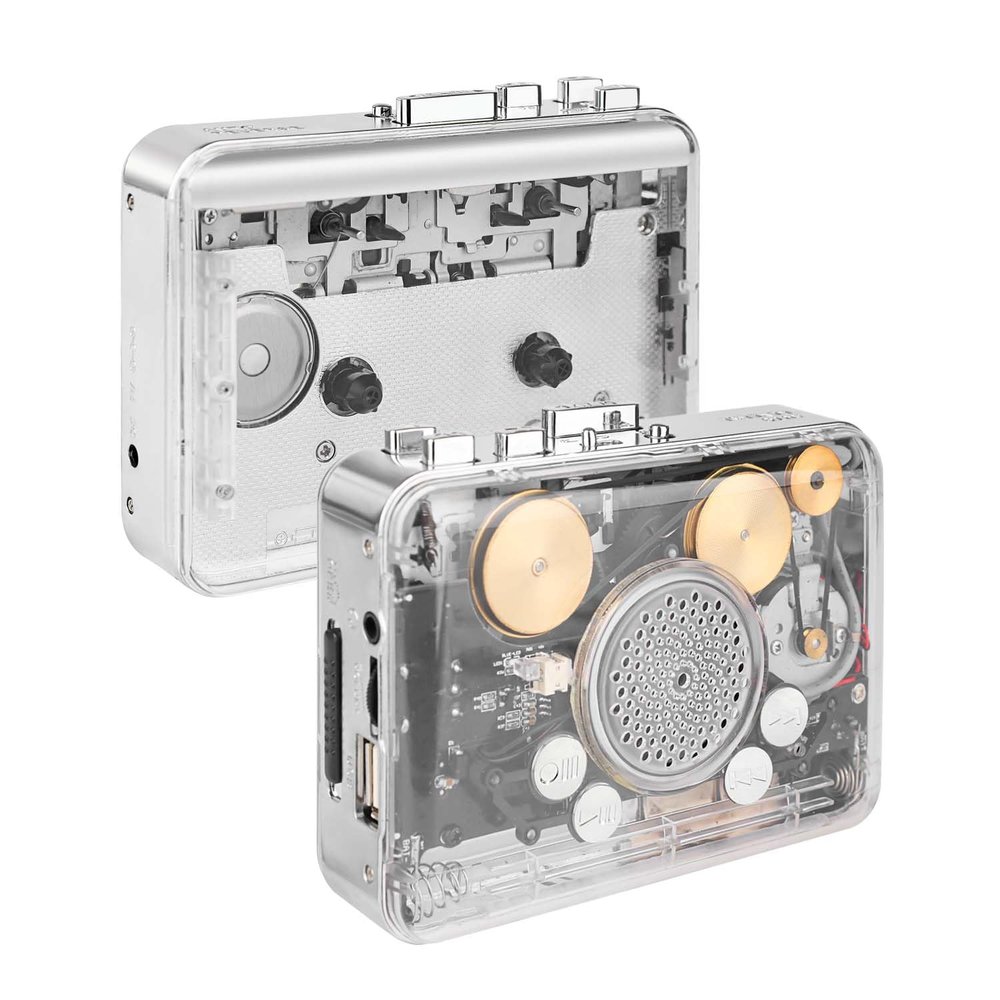 Portable Clear Stereo Auto Reverse Cassette PlayerConvert Tapes to MP3 Format via USB ConverterBuilt-in Cool Copper Wheel Movement Speaker