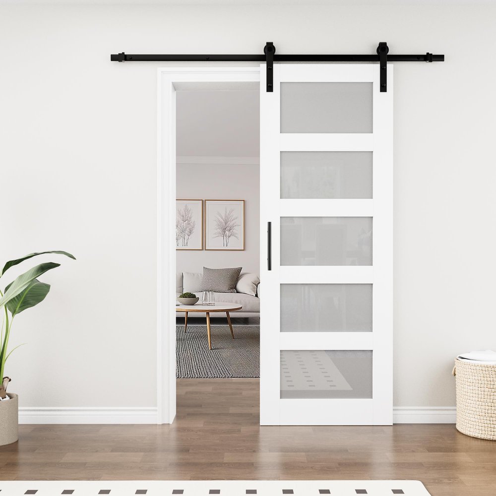 30" W x 84''H White Wood Glass Paneled Sliding Barn Door with Installation Hardware Kit