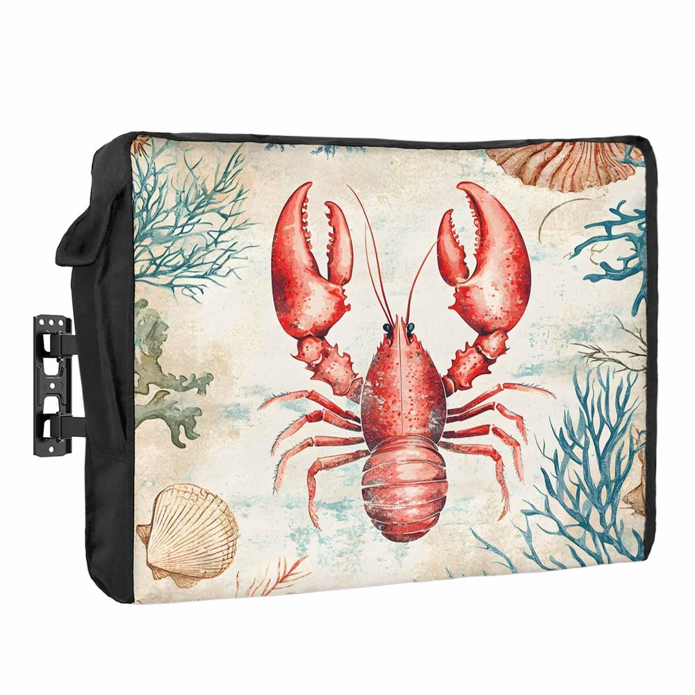 Outdoor TV Cover 80 to 85 Inch Weatherproof, Lobster Coastal Waterproof Outdoor TV Enclosure with Side Pocket, Nautical Beach Coral Shell Ocean Retro Television Protector Cover