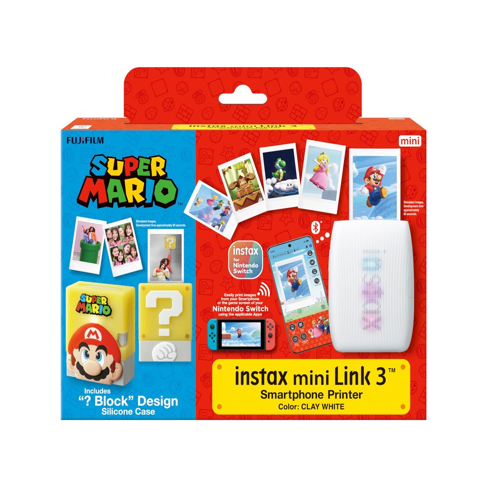 INSTAX mini Link 3 instant photo printer limited edition, with a Super Mario Block design silicone case, unique and fully customisable app (mini film sold separately)