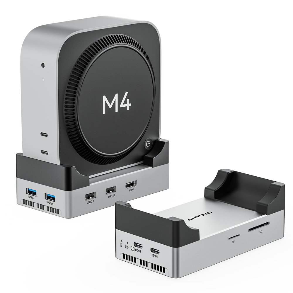 ANYOYO 10Gbps Mac mini M4 Dock and Stand with 8TB NVMe M.2 SSD Enclosure, HDMI 4K@60Hz, 2 USB-A 3.210Gbps, 2 USB-A 2.0, Wi-Fi Signal Friendly Design, Aluminum USB-C Hub for Mac mini M4
