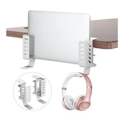 Adjustable Laptop Stand Desk Side Vertical Laptop Stand, No Drill Metal Desktop Mount Holder with Hooks(White)