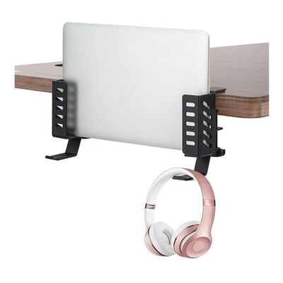 Adjustable Laptop Stand Desk Side Vertical Laptop Stand, No Drill Metal Desktop Mount Holder with Hooks(Black)