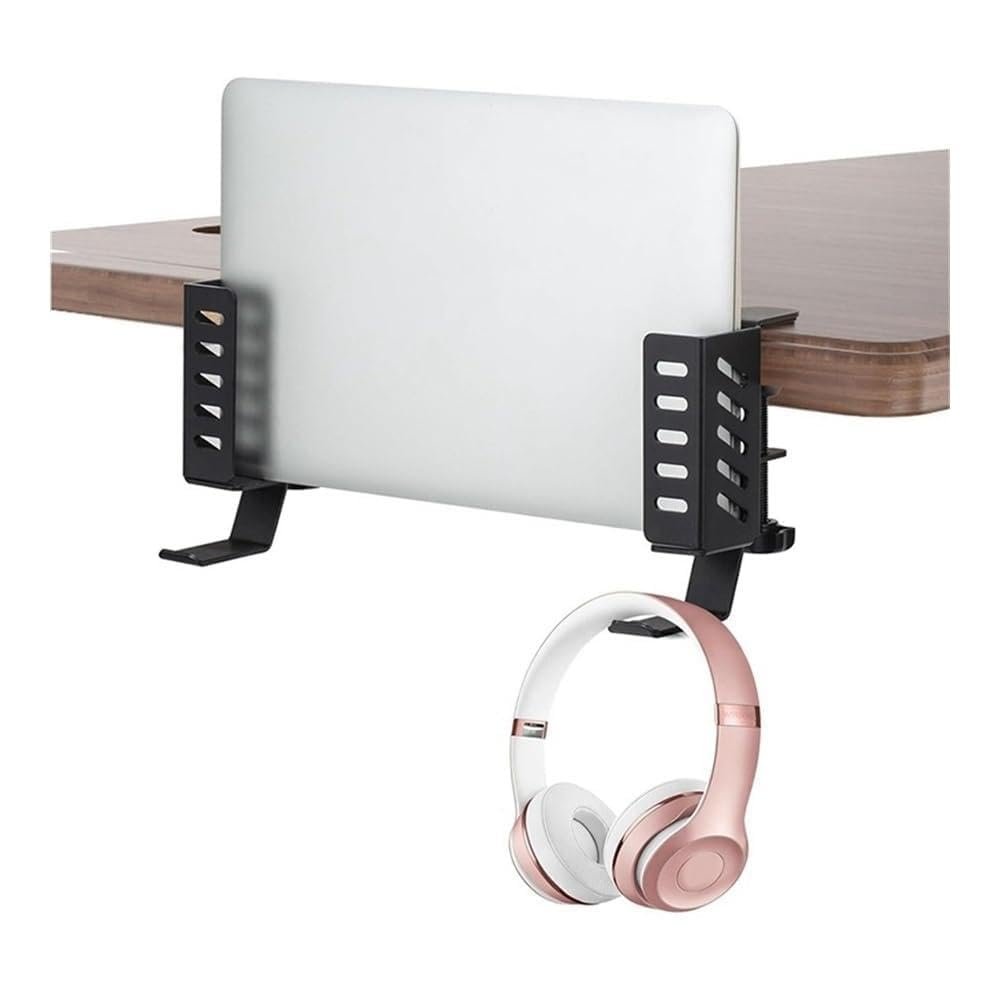 Adjustable Laptop Stand Desk Side Vertical Laptop Stand, No Drill Metal Desktop Mount Holder with Hooks(Black)