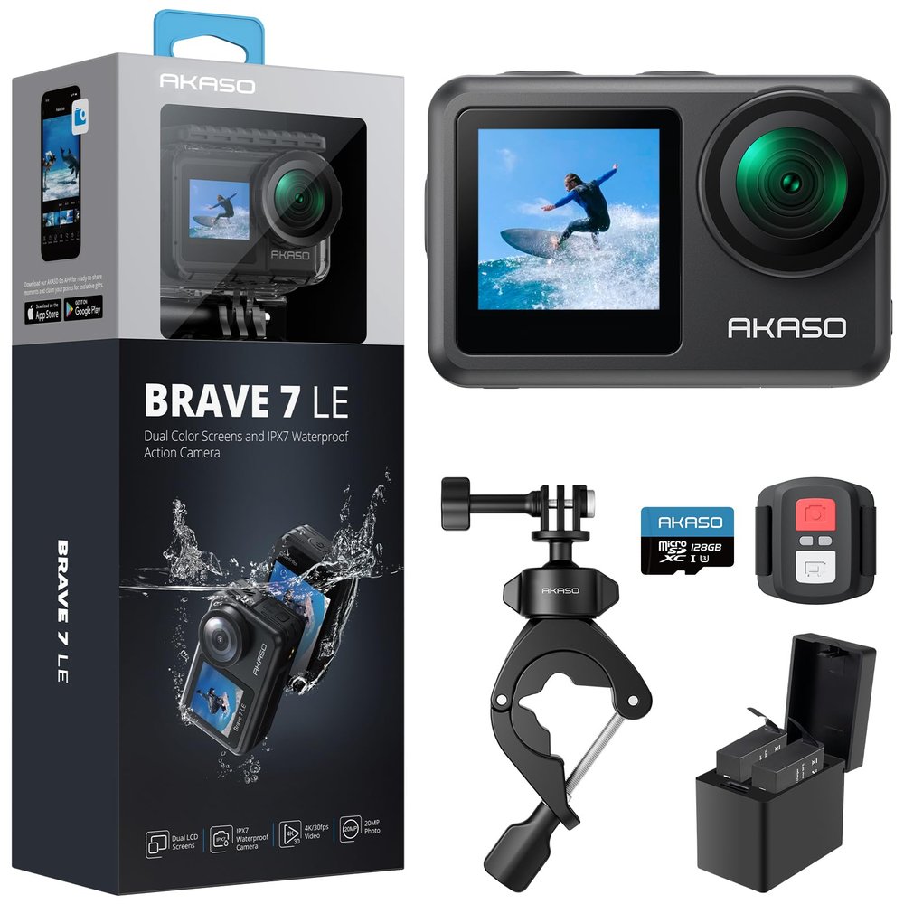 AKASO Brave 7 LE Action Camera with MicroSDXC U3 Card and Handlebar Clamp Mount Accessories Kit Bundle