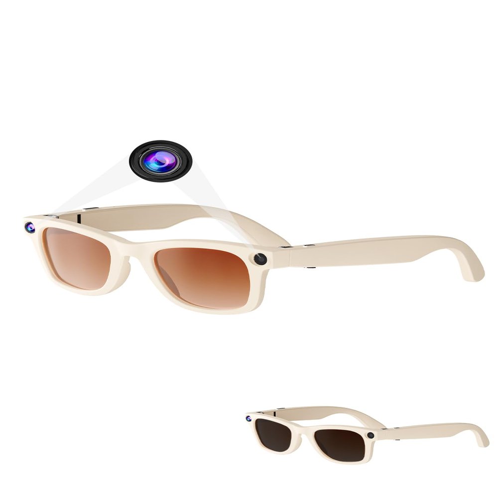 Piluyaa AI Smart Glasses - 800W HD Camera, 1080P Video, Voice Control, Bluetooth/Wi-Fi, 220mAh Fast Charging, Lightweight for Hands-Free Recording-Beige-Anti-Blue Lights & Sunglasses Lenses Included