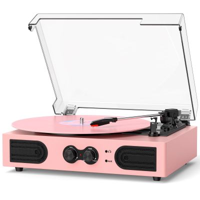 Vinyl Record Player with Built-in Speakers, Vintage 3-Speed Turntable, Bass/Treble Control, Headphone Jack, RCA/AUX Outputs, Belt-Driven LP Player, Pink