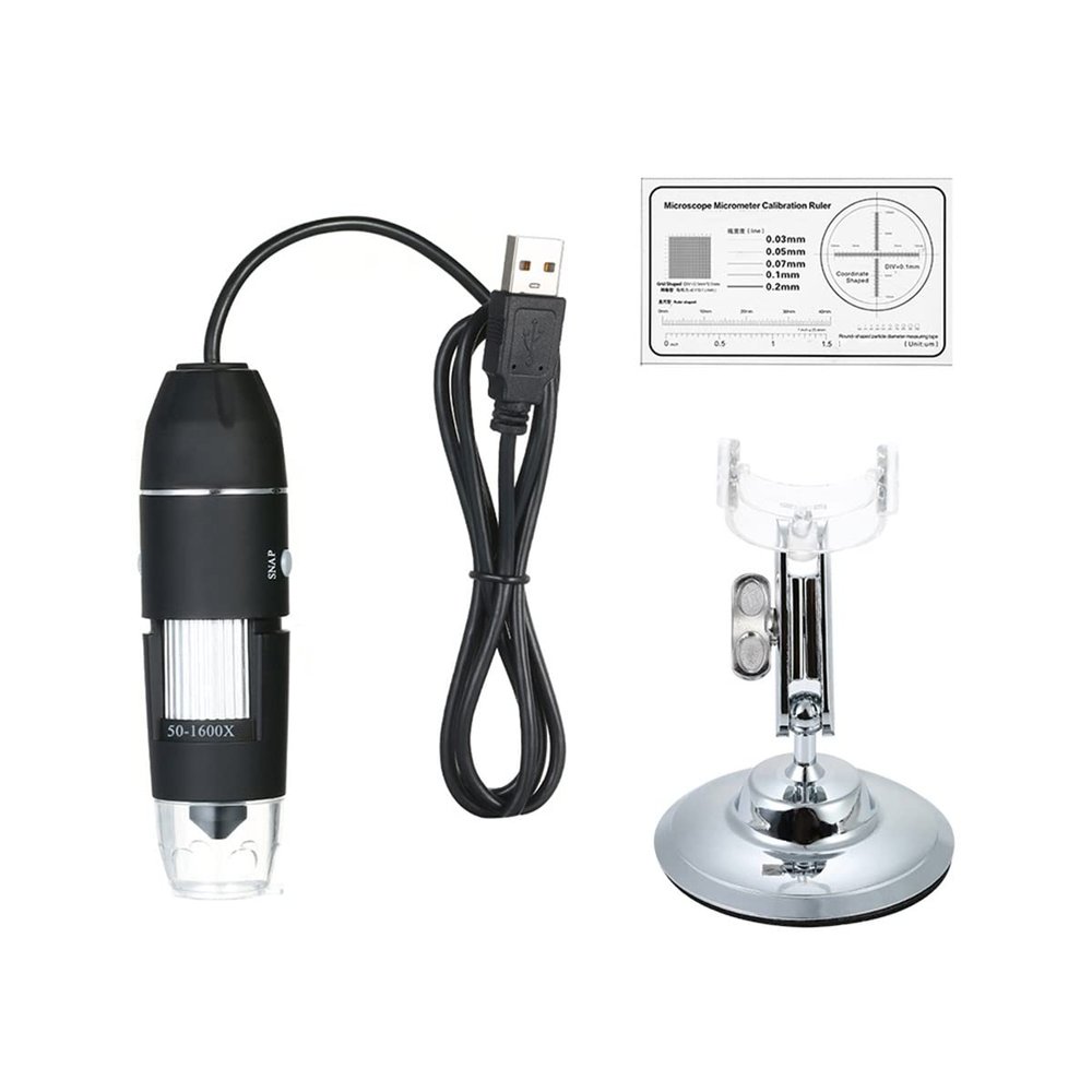 Microscope Accessories Kit 1600X USB Digital Microscope Camera 8LED Magnifier with Metal Stand Microscope Slides