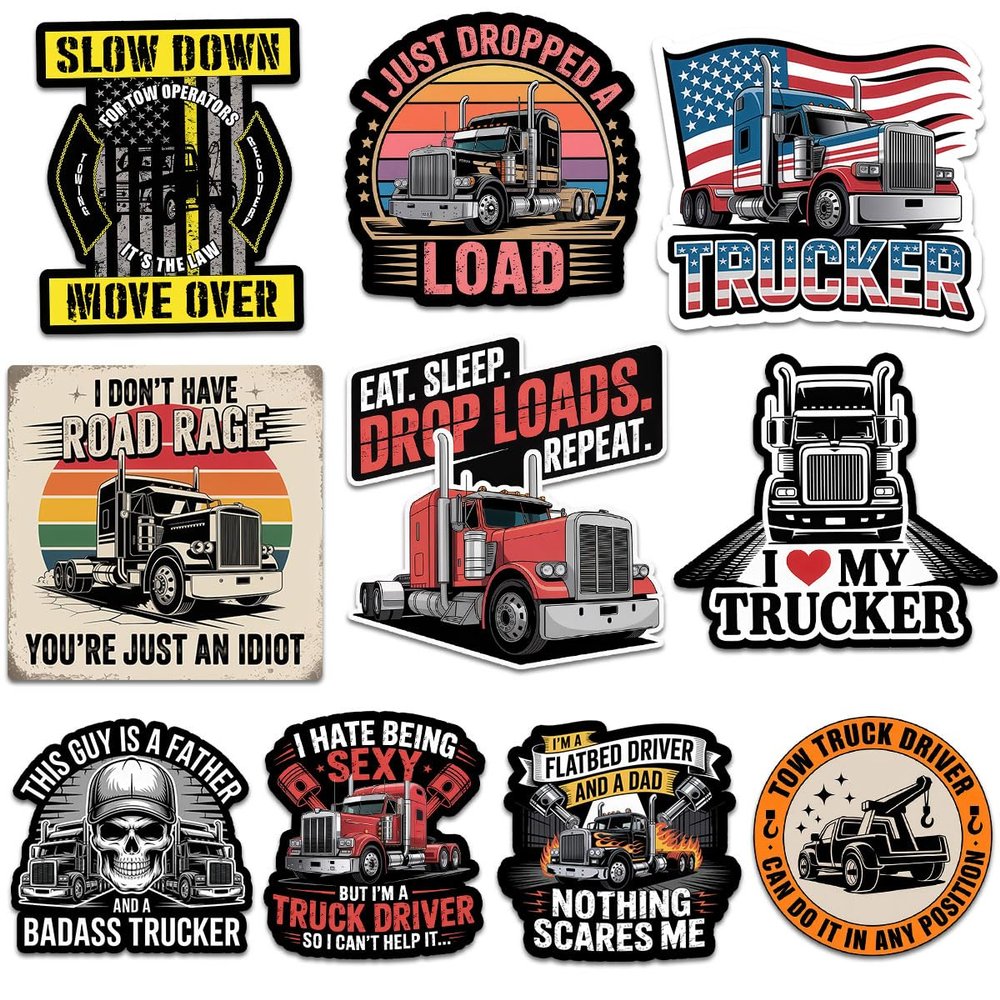 10 Pcs Trucker Sticker Pack Funny Truck Driver Vinyl Decals for Laptops, Water Bottles, Toolboxes & Coolers American Flag Big Rig Humor Stickers for Truckers & Road Life (Normal, 4 Inch)
