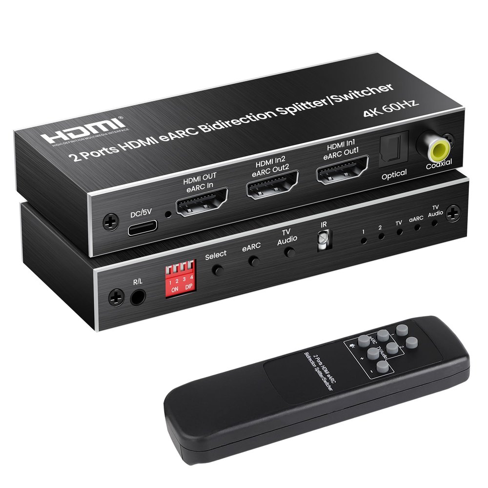 4K@60Hz HDMI eARC Splitter 1 in 2 Out, avedio links HDMI Switch 2 in 1 Out with eARC/ARC Audio Extractor, HDMI Bi-Direction Switch for Soundbar Support Optical Toslink SPDIF, Coaxial